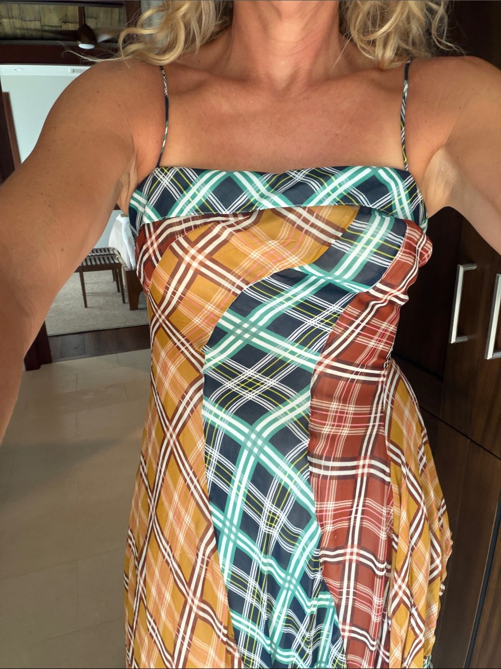 Maeve Multicolor Plaid Asymmetrical Slip Dress with Teal & Mustard Panels - Picture 2 of 11